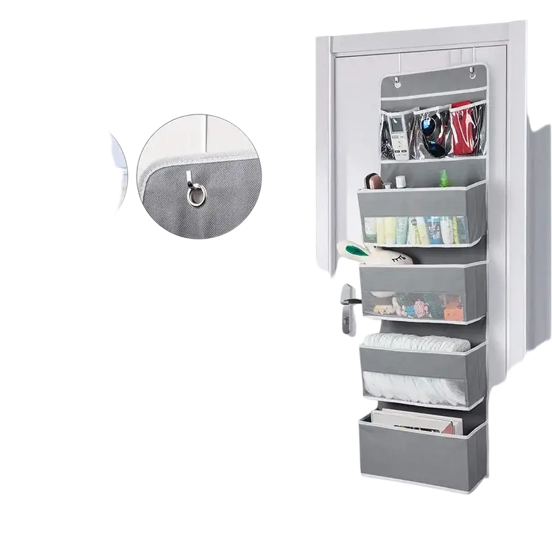 Gray fabric hanging storage bag with multiple compartments and stainless steel hooks over the door organizer