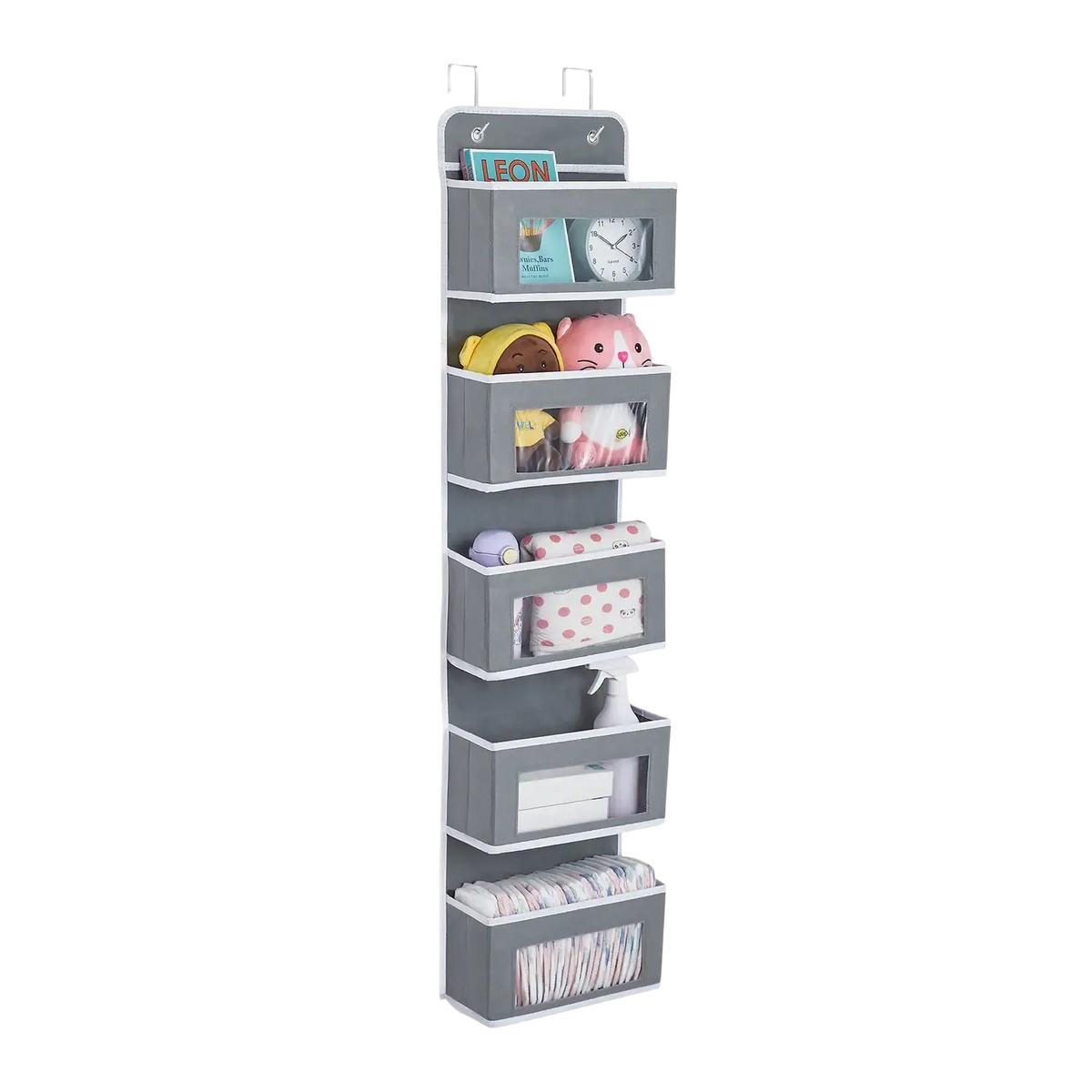 Gray fabric hanging storage bag with five clear compartments and stainless steel hooks for over-the-door organization