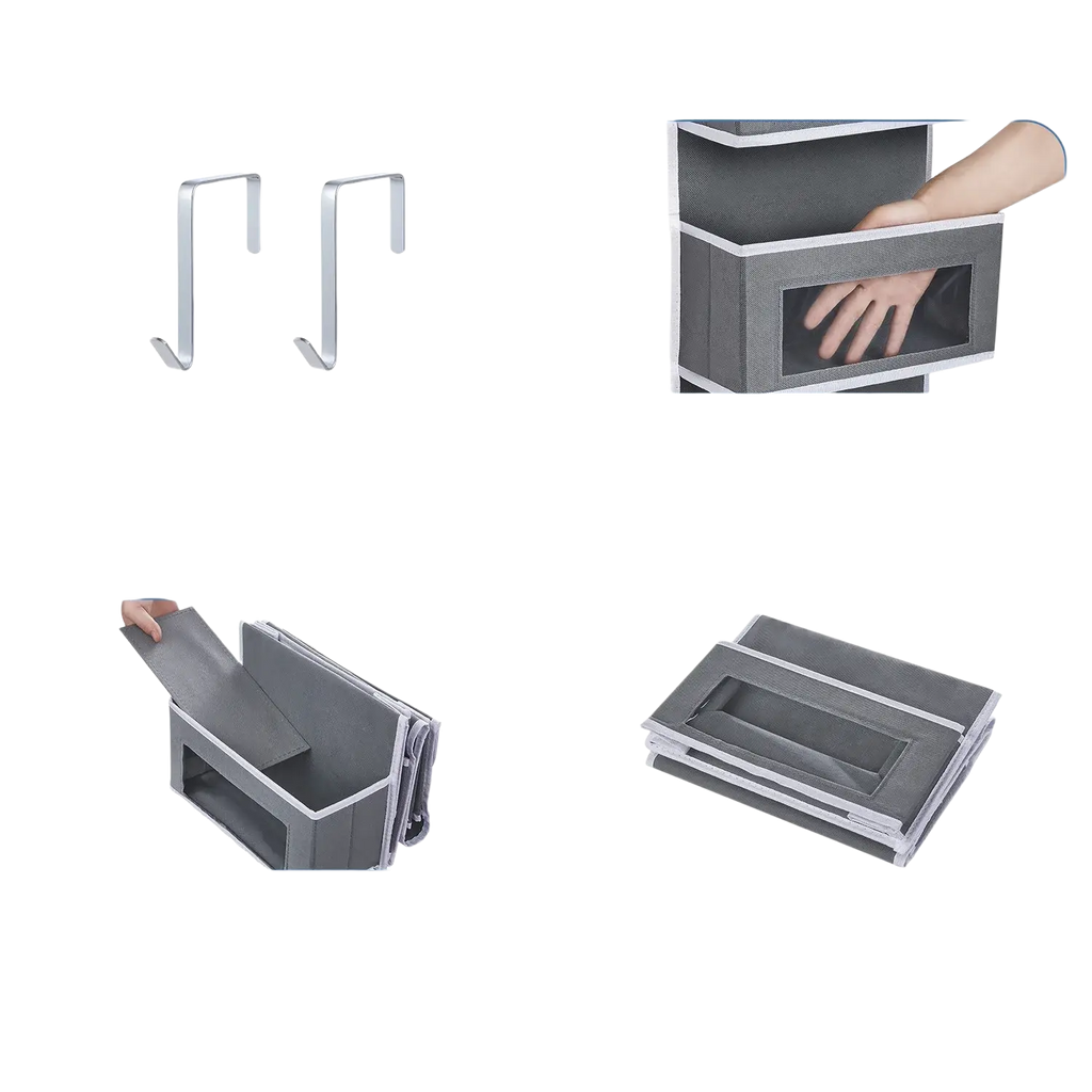 Gray foldable hanging storage bag with pvc window and stainless steel hooks for organized storage solutions