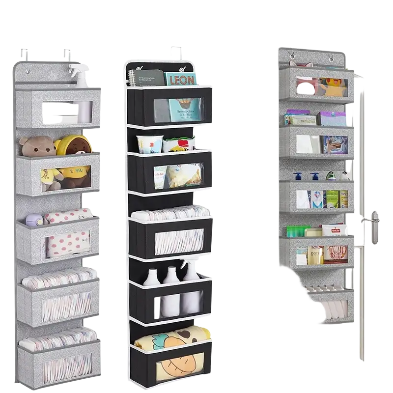 Gray glittery fabric hanging storage bag with stainless steel hooks and five clear front panel pockets with white trim