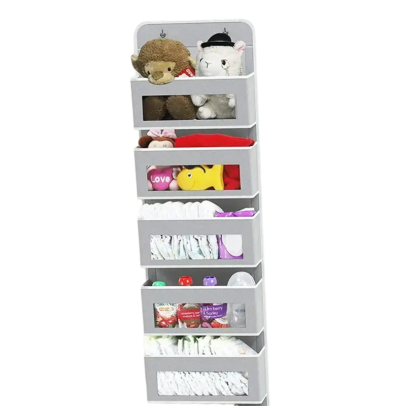 Gray plastic hanging storage bag with five compartments and stainless steel hooks holding baby items like diapers