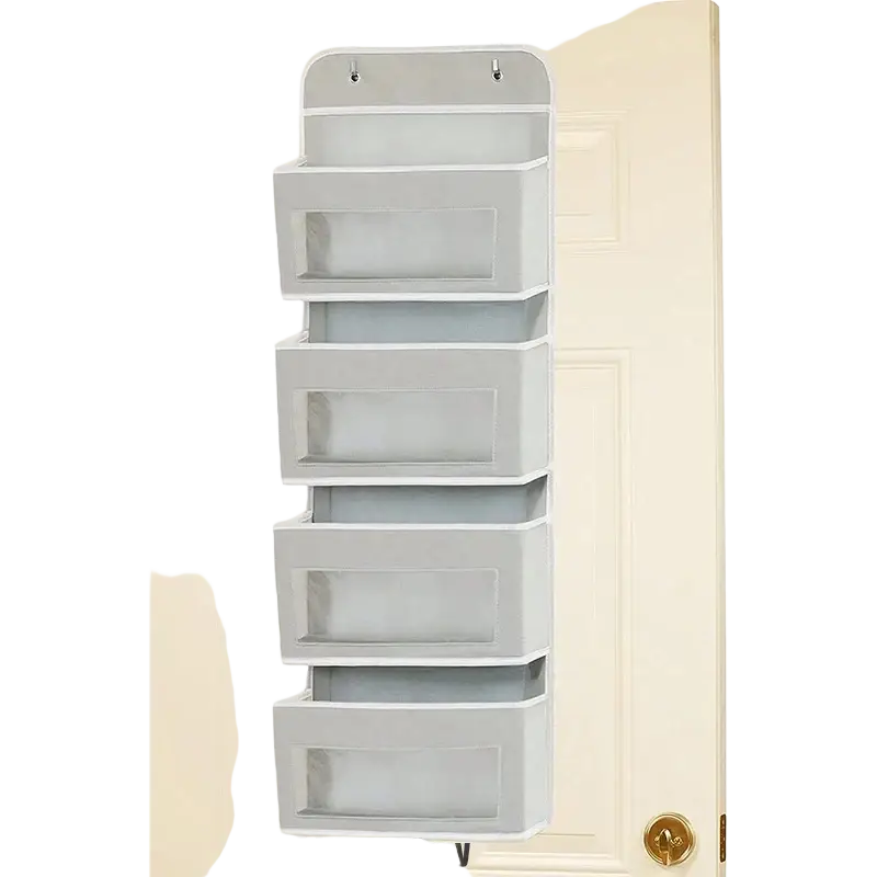 Grey fabric hanging storage bag with four compartments and stainless steel hooks for over-the-door organization