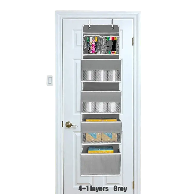 Grey hanging storage bag with four mesh compartments and stainless steel hooks for over-the-door organization