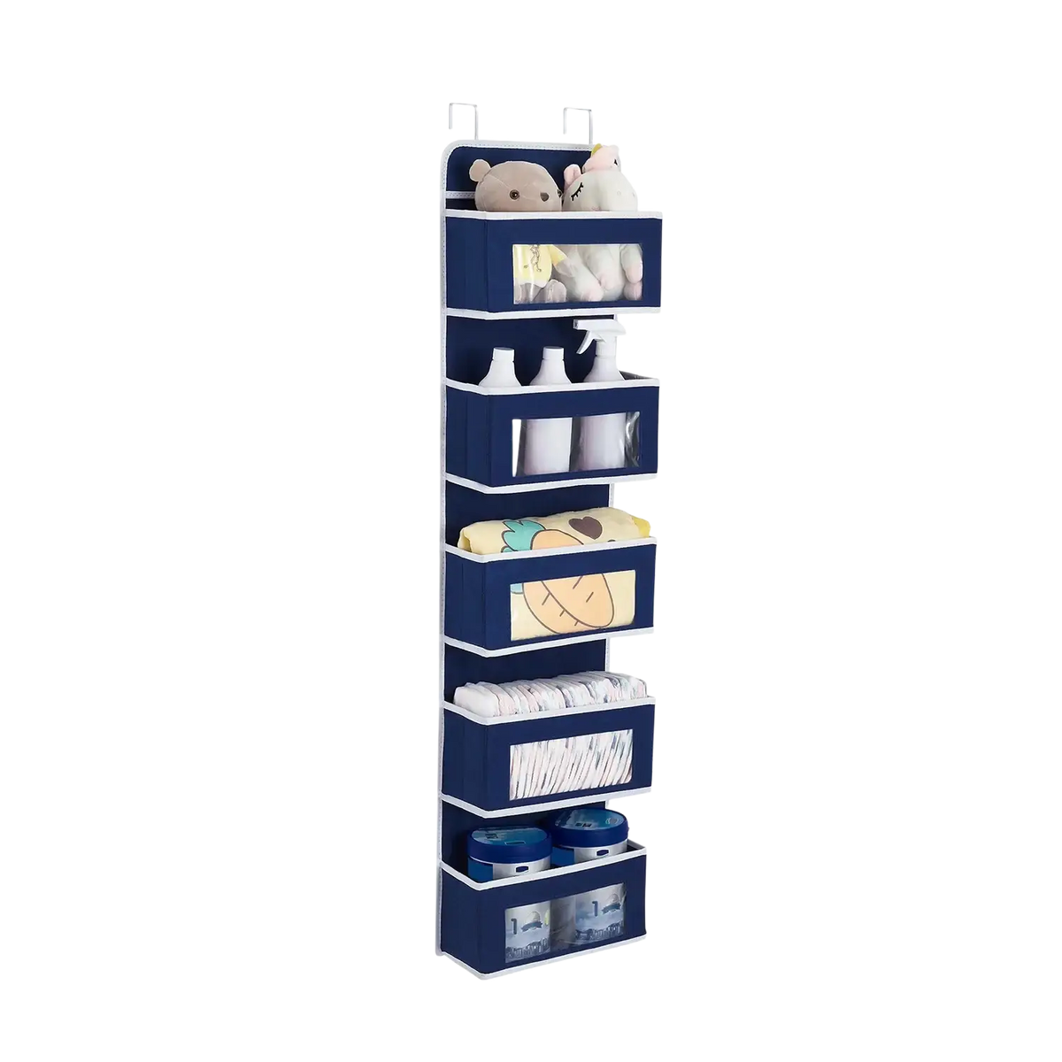 Navy blue hanging storage bag with clear panels white trim and stainless steel hooks for over-the-door organization