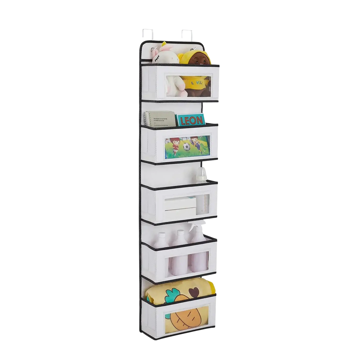 White over-the-door hanging storage bag with stainless steel hooks black trim and clear compartments for organizing items