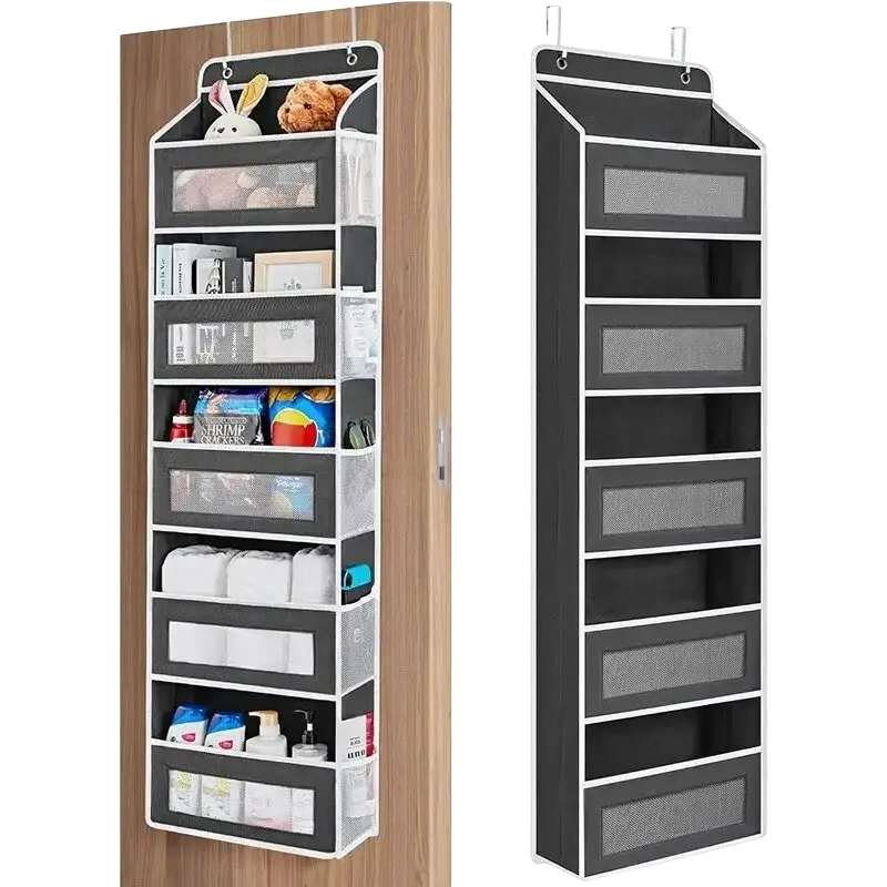 Black and white hanging storage organizer with large capacity mesh pockets suitable for hanging bag storage