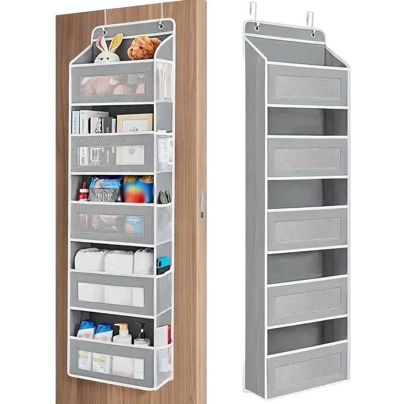 Gray hanging storage organizer with large capacity pockets featuring clear mesh and solid fabric panels for hanging bag suitable use