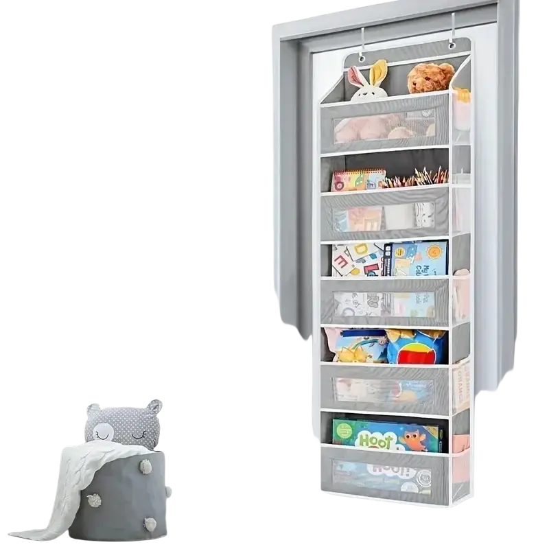 Gray fabric hanging storage organizer with large capacity pockets and clear compartments holding toys and books