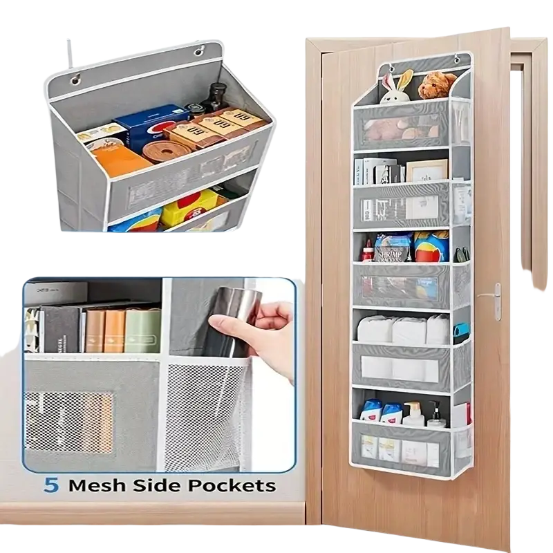 Gray fabric hanging storage organizer with large capacity pockets featuring five window and five mesh side pockets