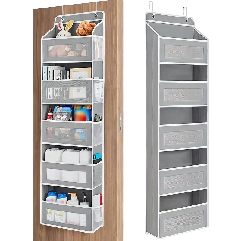 Gray fabric hanging storage organizer with large capacity pockets featuring clear and solid mesh hanging bag suitable for doors