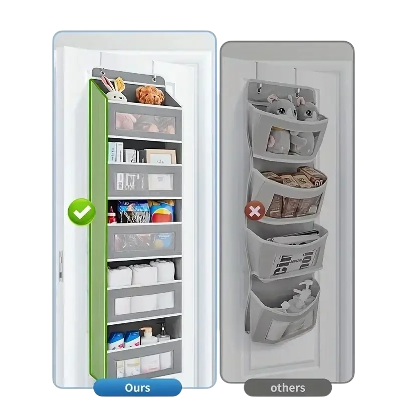 Green and gray hanging storage organizer with large capacity pockets and clear plastic inserts suitable for hanging bag use