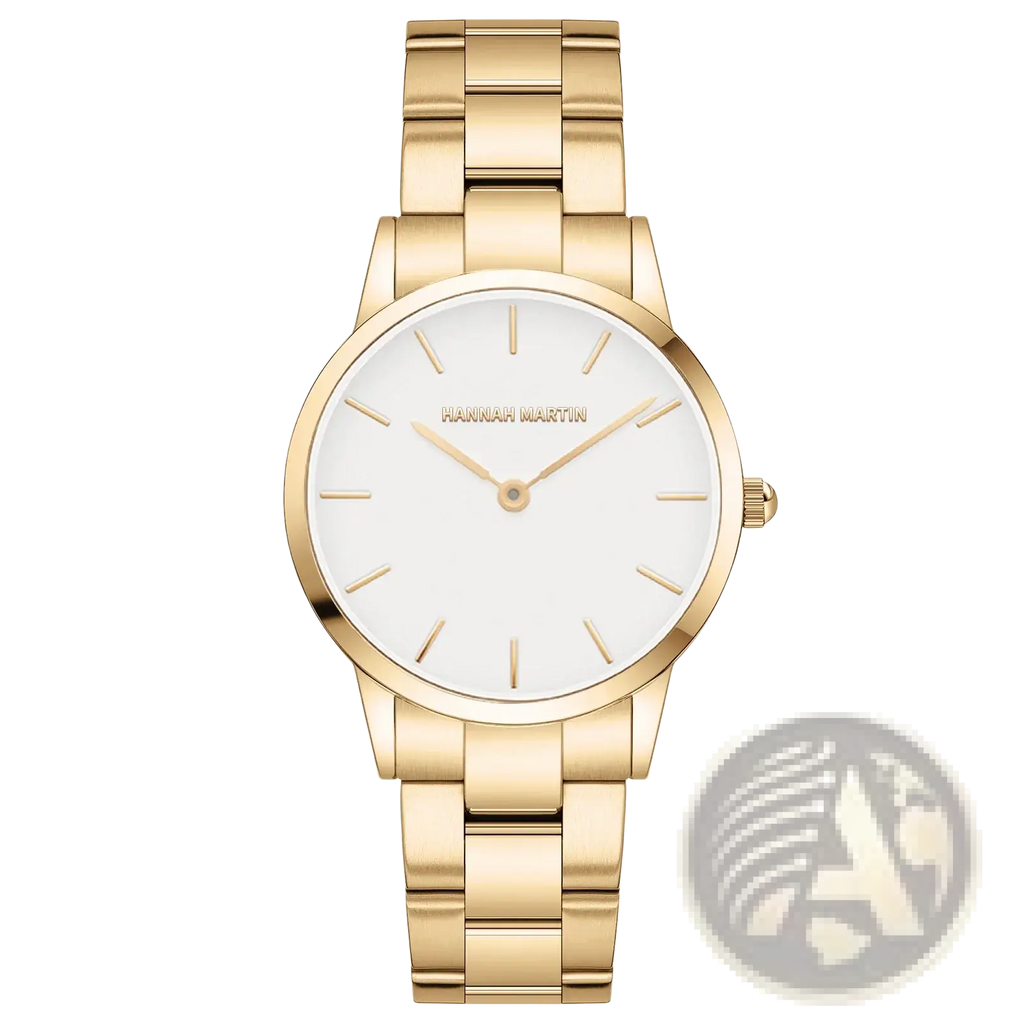 Hannah Martin rose gold minimalist women watch featuring a gold-toned case, white dial, and slender gold hands