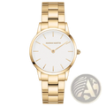 Hannah Martin rose gold minimalist women watch featuring a gold-toned case, white dial, and slender gold hands