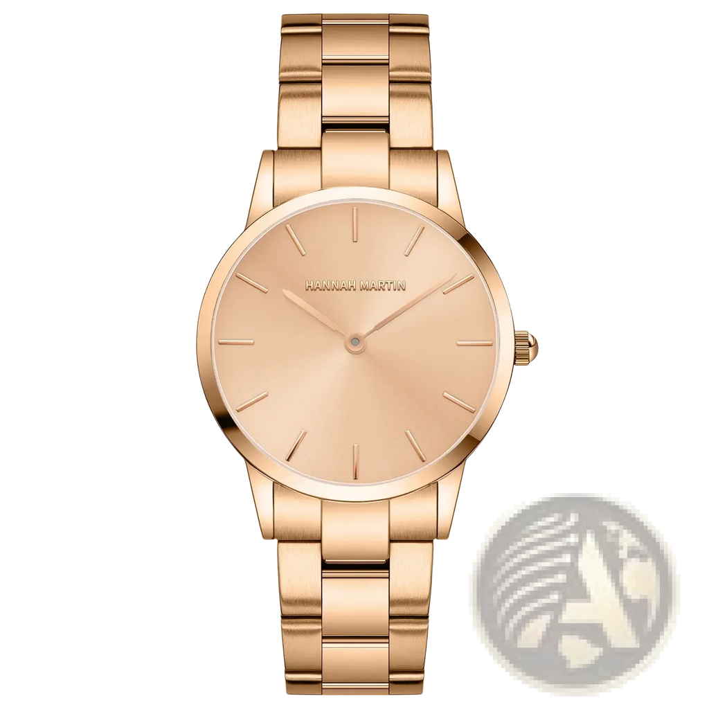Hannah Martin rose gold minimalist women watch with metal bracelet and simple dial in a stylish set