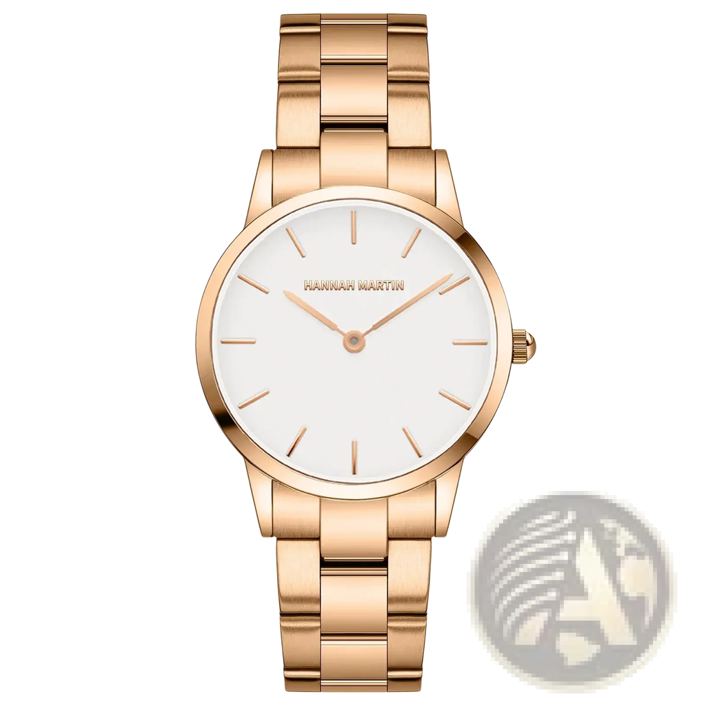 Hannah Martin rose gold minimalist women watch with a slender rose gold hands and white dial in a set