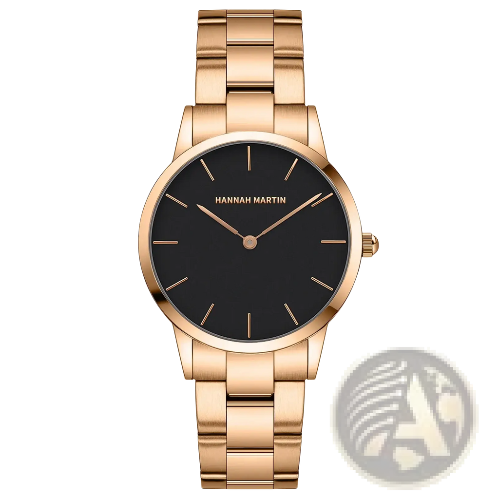 Hannah Martin rose gold minimalist women watch featuring a sleek black dial with minimalist hour markers