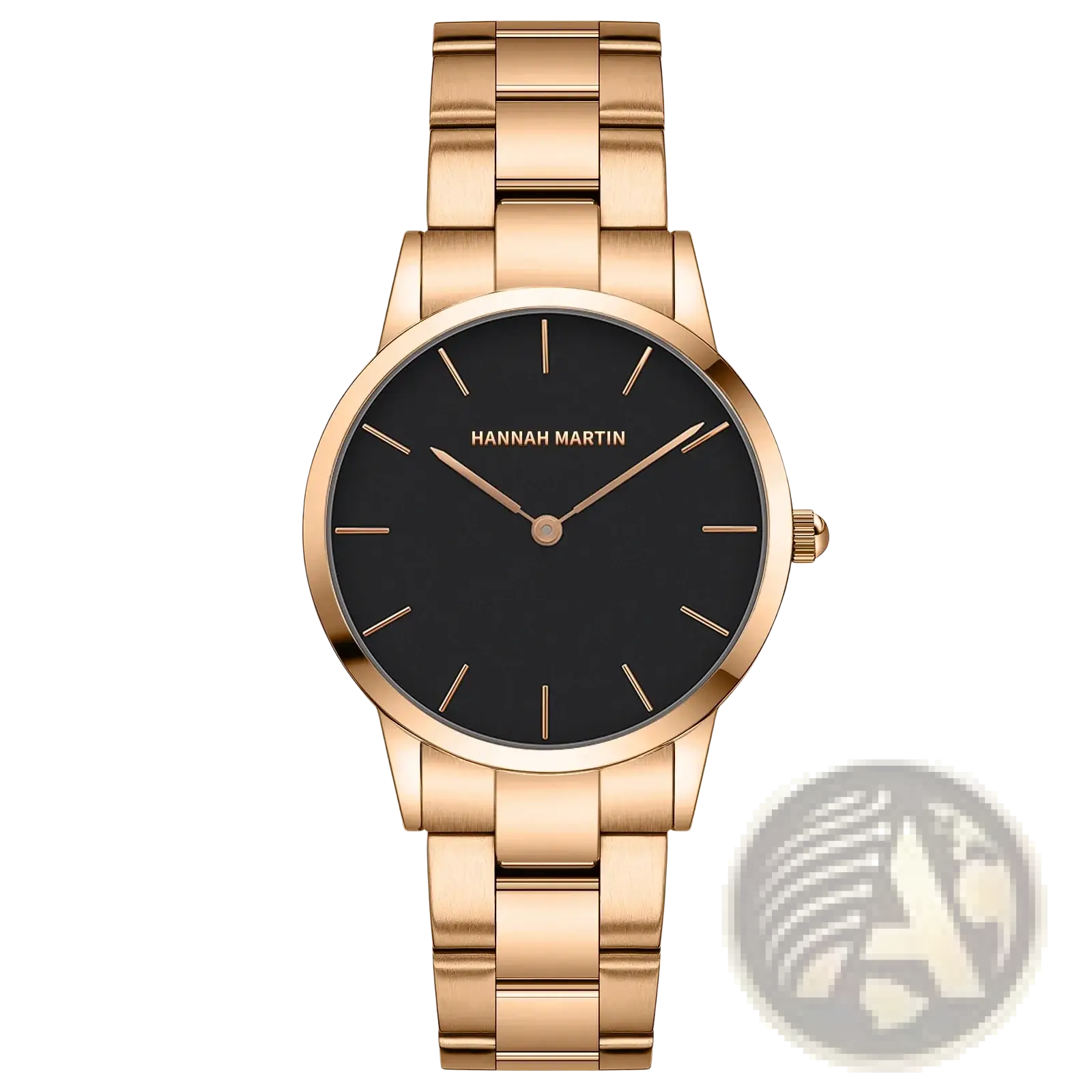 Hannah Martin rose gold minimalist women watch featuring a sleek black dial with minimalist hour markers