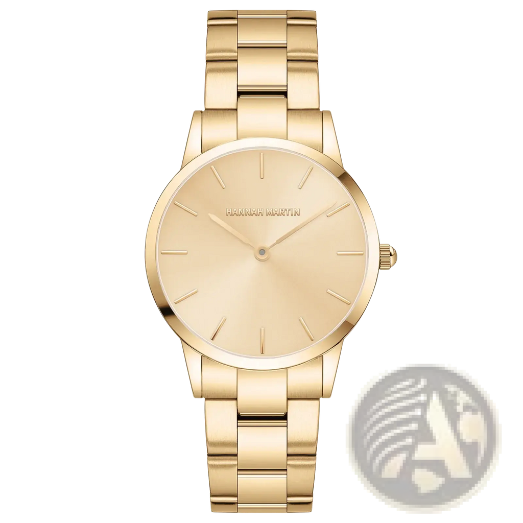 Hannah Martin rose gold minimalist women watch with gold-toned metal bracelet and simple stick indices dial