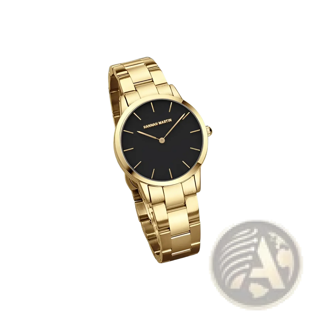 Gold-toned hannah martin minimalist women watch with a sleek black dial and gold hour markers in rose gold set