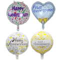 Four festive happy anniversary foil balloons in purple white gold and silver featuring unique designs