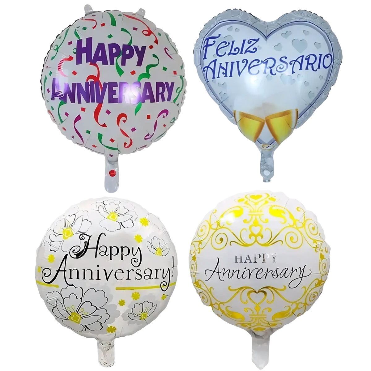 Four festive happy anniversary foil balloons in purple white gold and silver featuring unique designs
