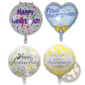 Four festive happy anniversary foil balloons in purple white gold and silver featuring unique designs