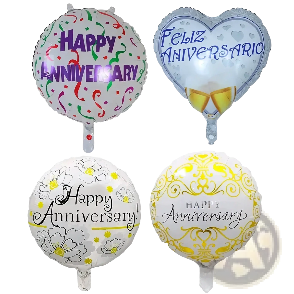 Four festive happy anniversary foil balloons in purple white gold and silver featuring unique designs