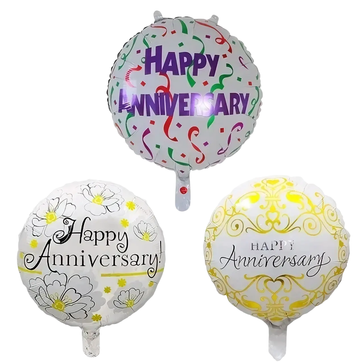 Three round metallic foil balloons with happy anniversary printed in colorful designs from a 10 pack set