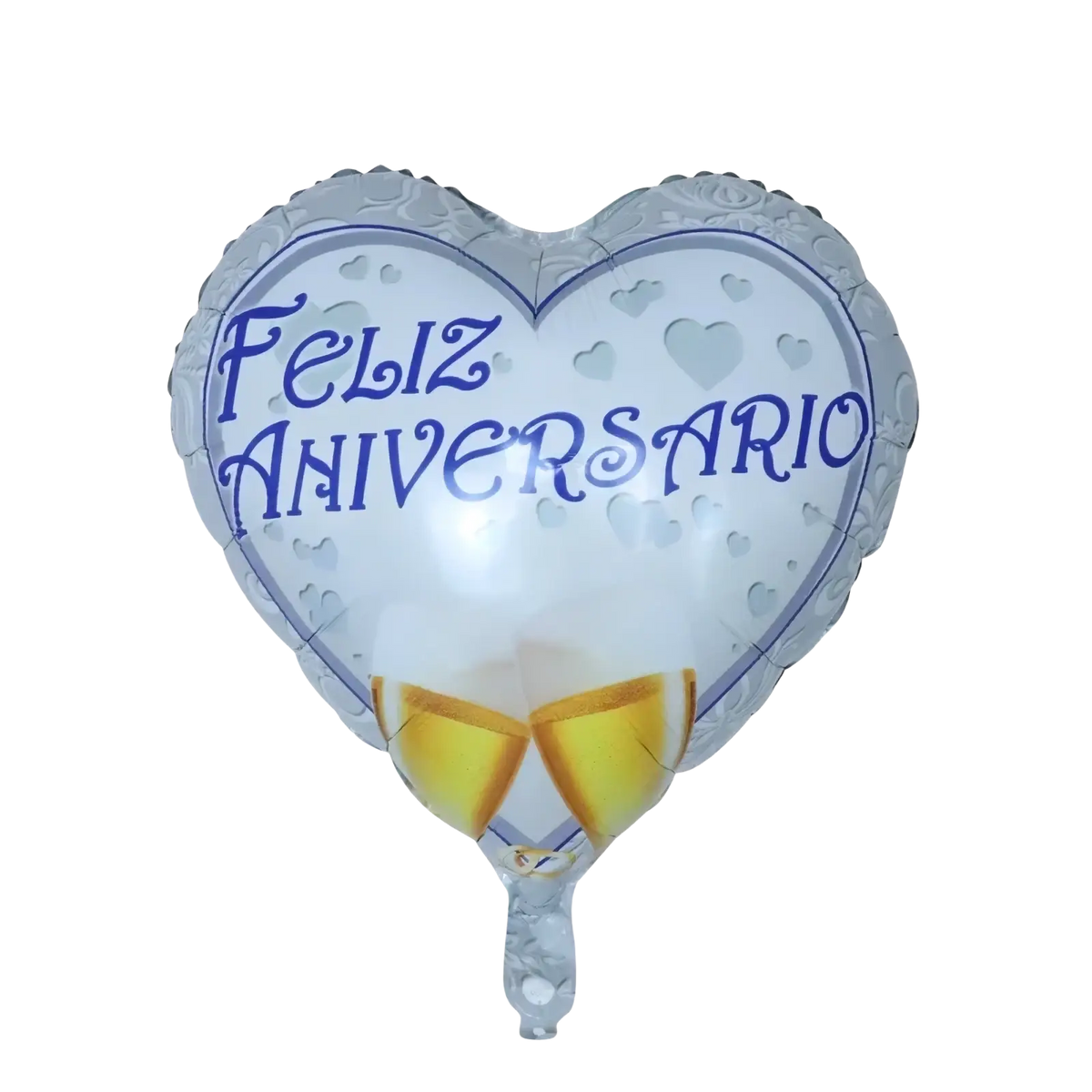 Happy anniversary foil balloon pack featuring a translucent white heart shape with blue text and gold champagne glasses