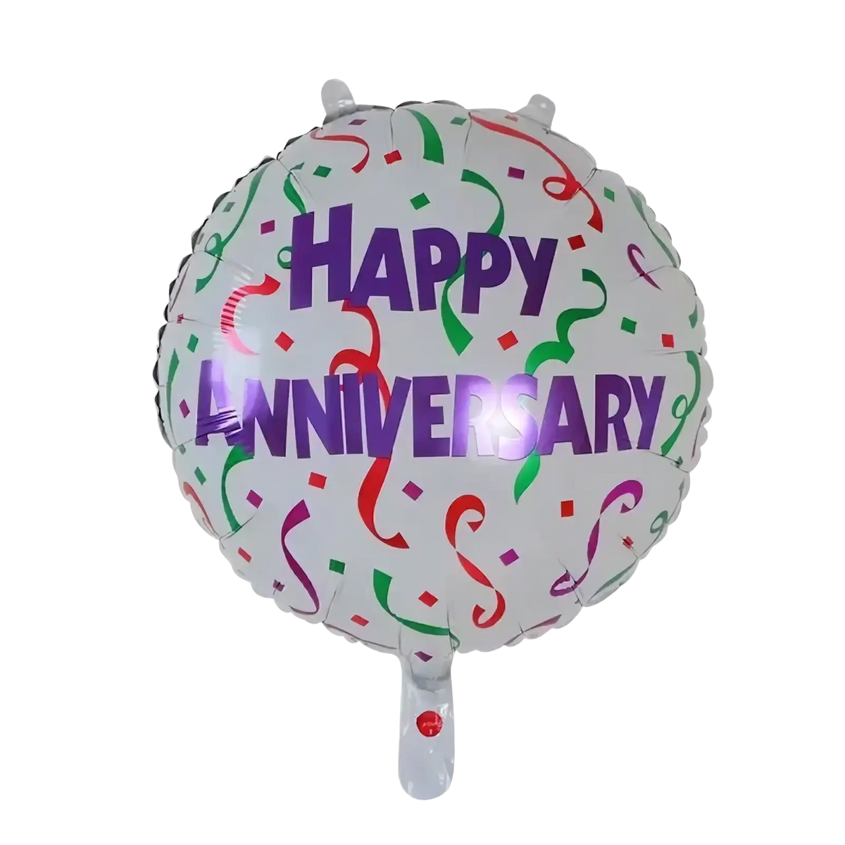 White foil balloon with happy anniversary in purple lettering and colorful confetti patterns for celebrations
