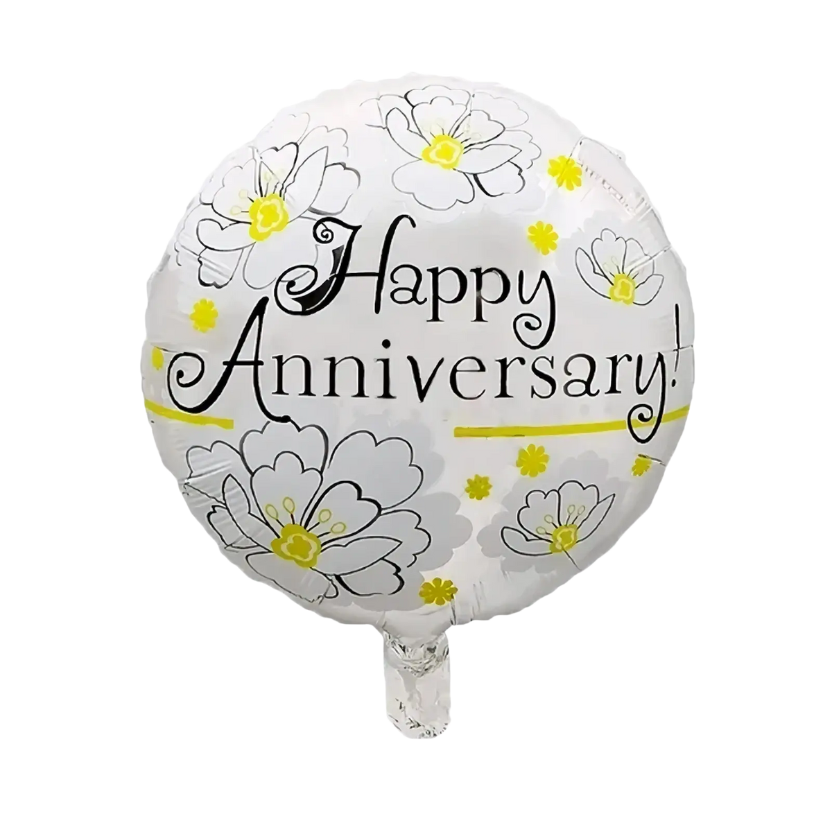 White foil balloon with black and yellow floral designs and happy anniversary printed in elegant script for celebration