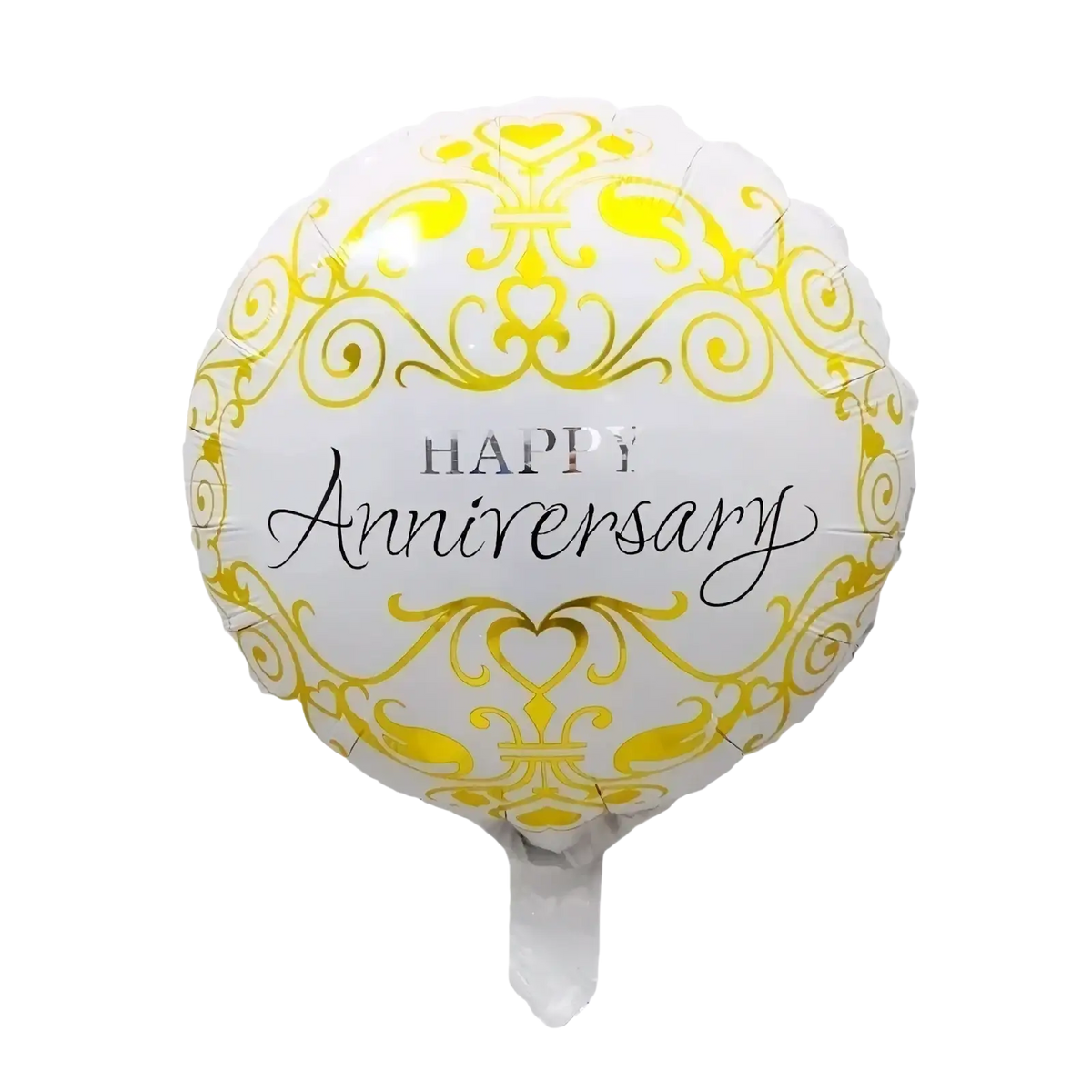A white and gold foil balloon with yellow damask patterns and happy anniversary in black cursive script for celebrations