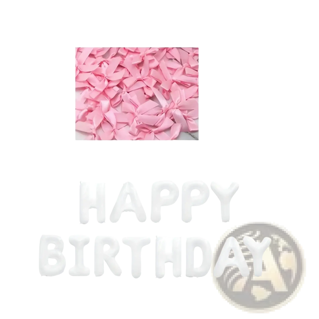 Happy birthday balloon banner featuring 20 pieces of pink satin ribbon confetti bows per pack