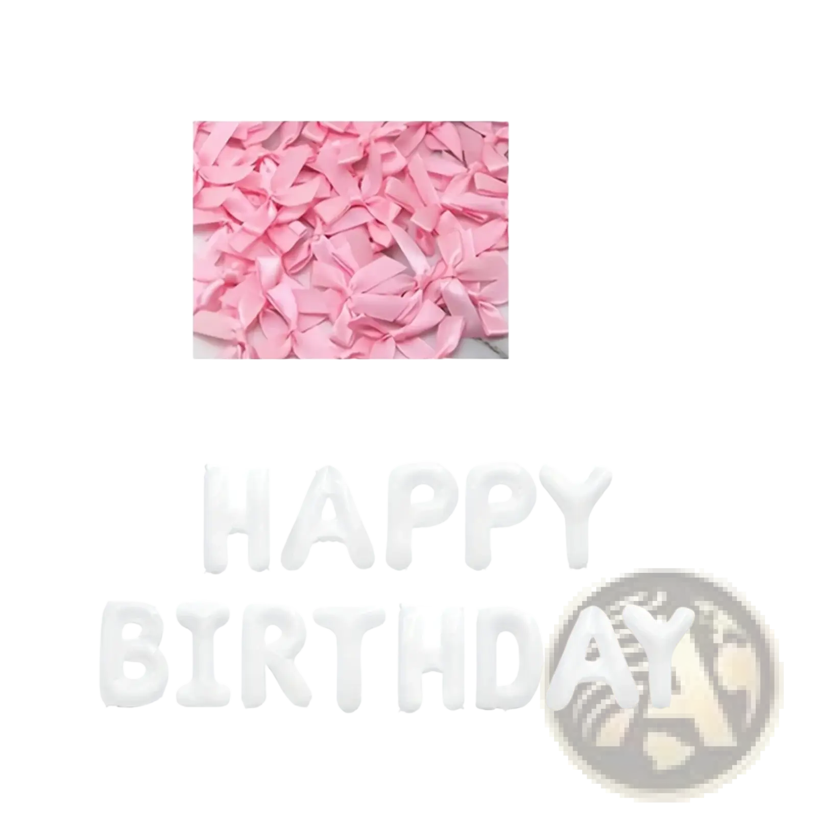Happy birthday balloon banner featuring 20 pieces of pink satin ribbon confetti bows per pack