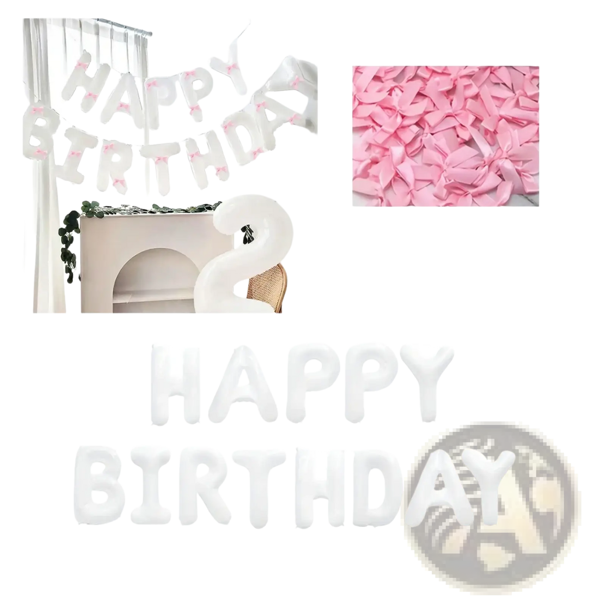 White happy birthday balloon letters with pink bows made of foil for birthday party decoration banner