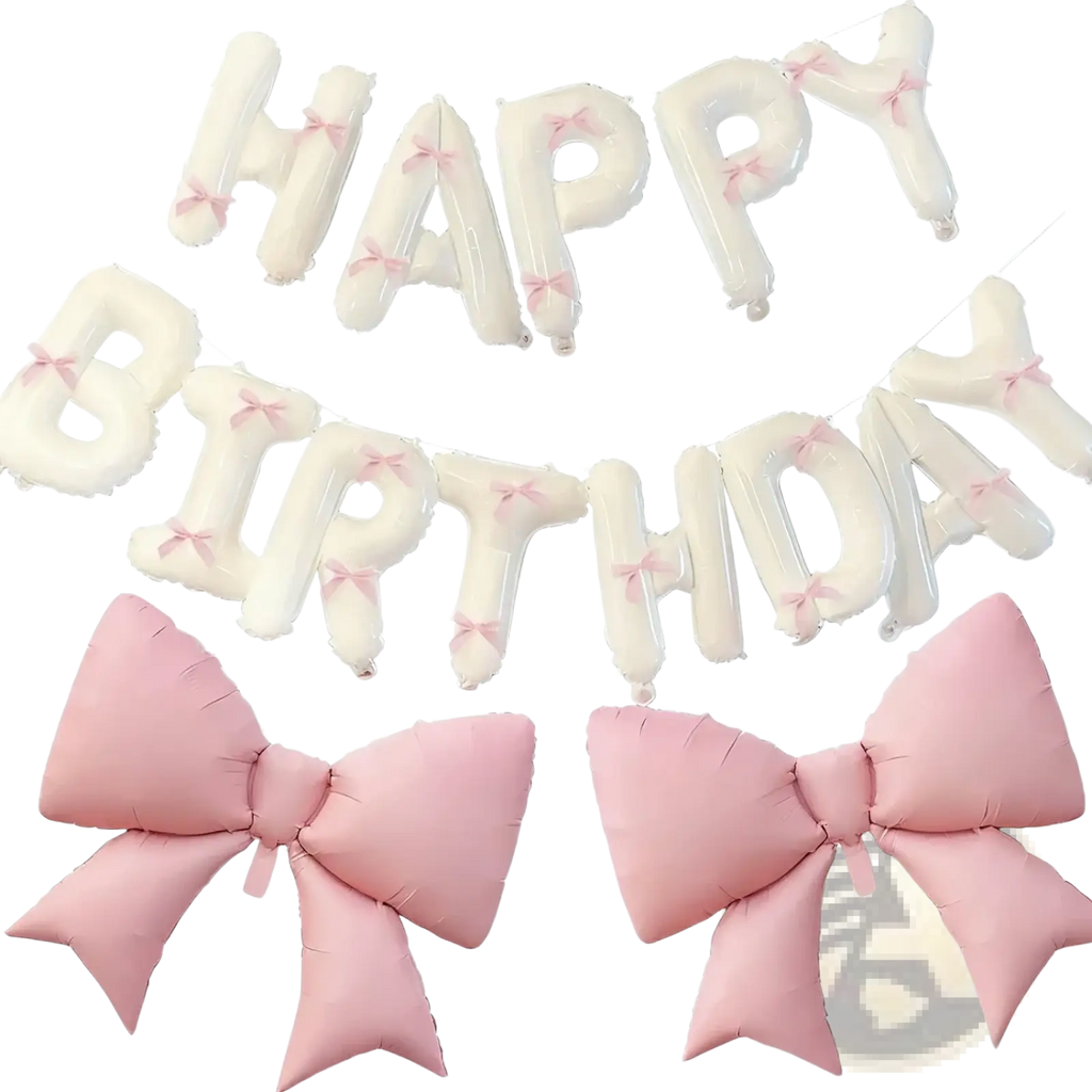 White happy birthday balloon banner with pink ribbon bows and two large pink bow-shaped balloons for parties