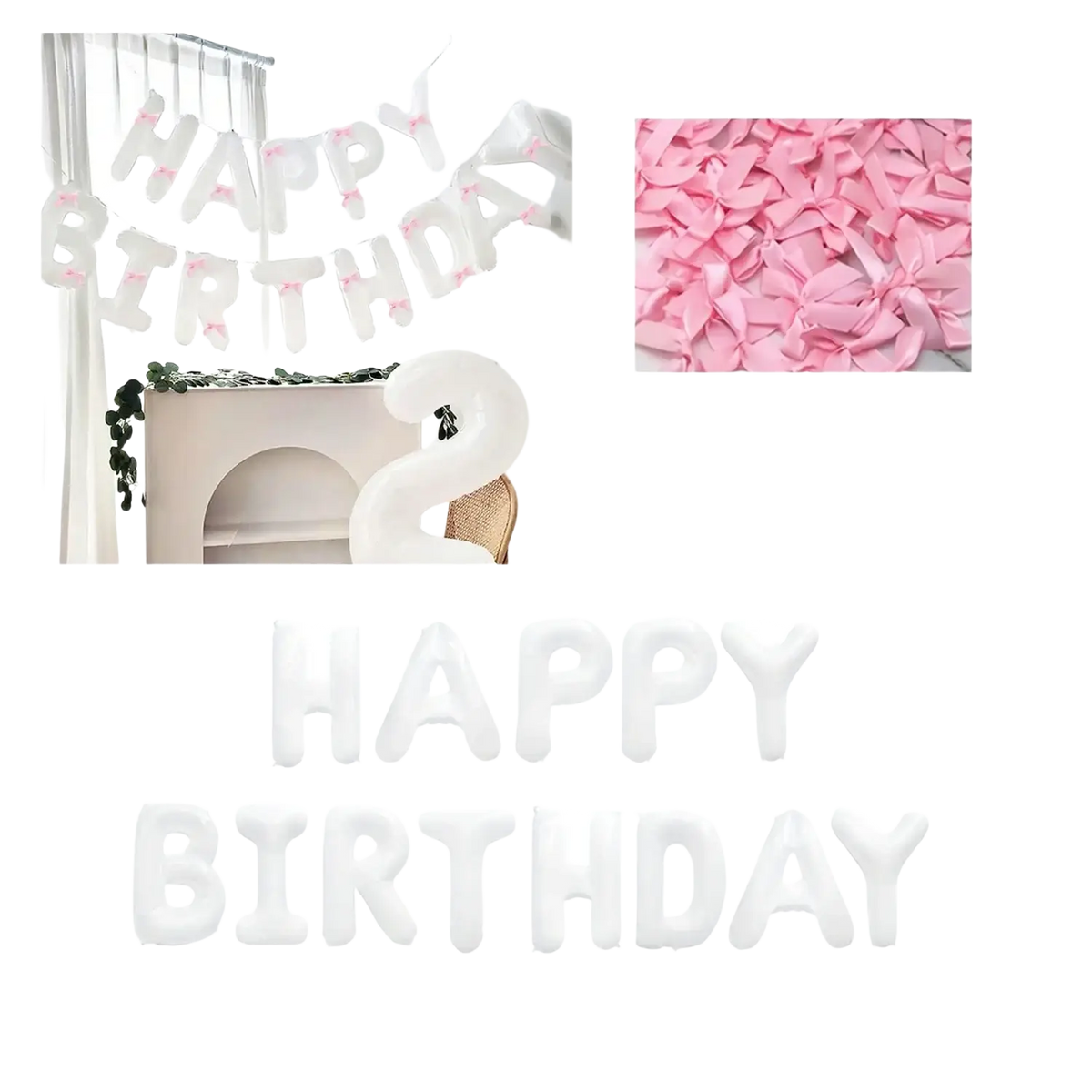 White happy birthday balloon letters with pink bows made of foil for birthday party decoration banner