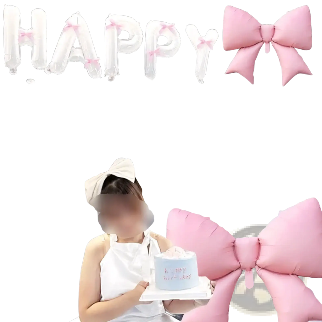 Happy birthday balloon banner with pink bows features pink and white balloon decorations for birthday celebrations