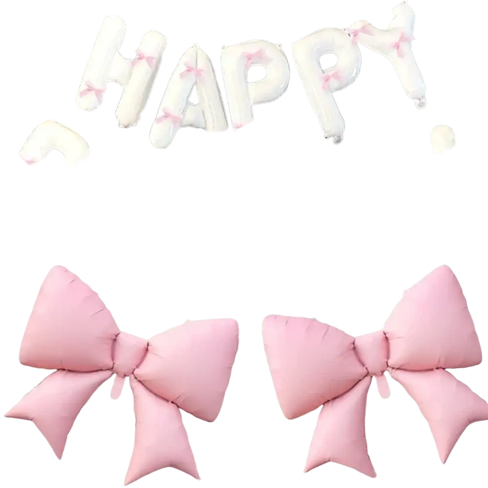 White fluffy balloon letters spelling happy birthday with pink bows and pink bow-shaped balloons in a banner set