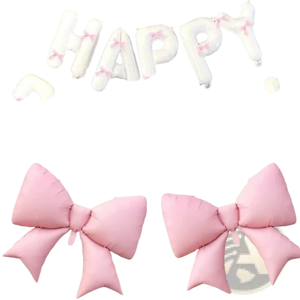 White fluffy balloon letters spelling happy birthday with pink bows and pink bow-shaped balloons in a banner set