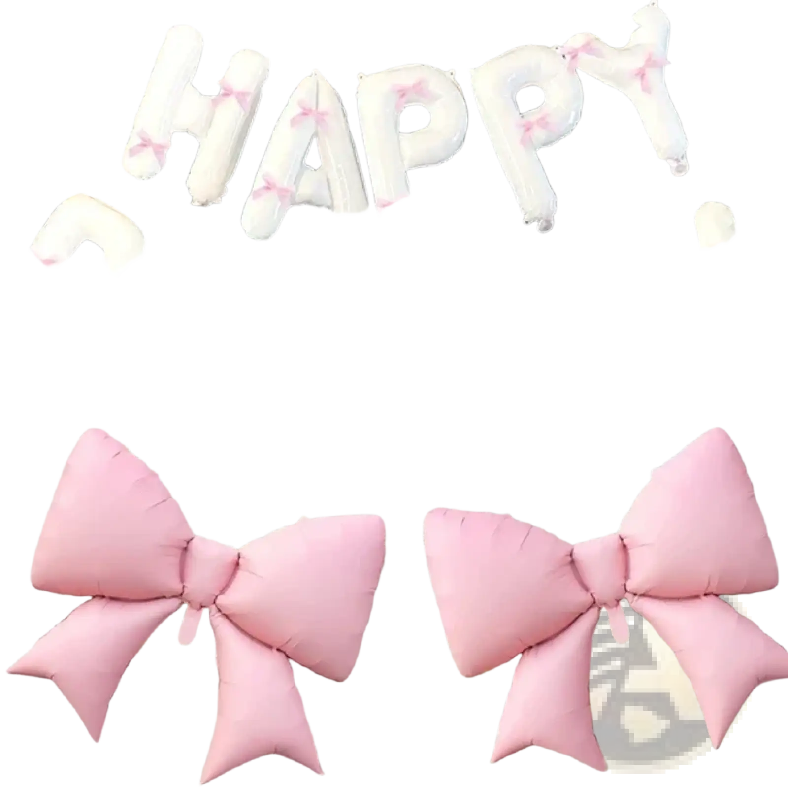 White fluffy balloon letters spelling happy birthday with pink bows and pink bow-shaped balloons in a banner set