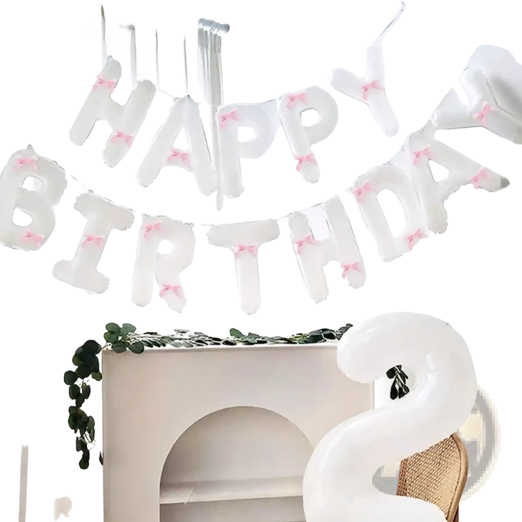 White inflatable happy birthday balloon banner with pink bow accents for party decoration