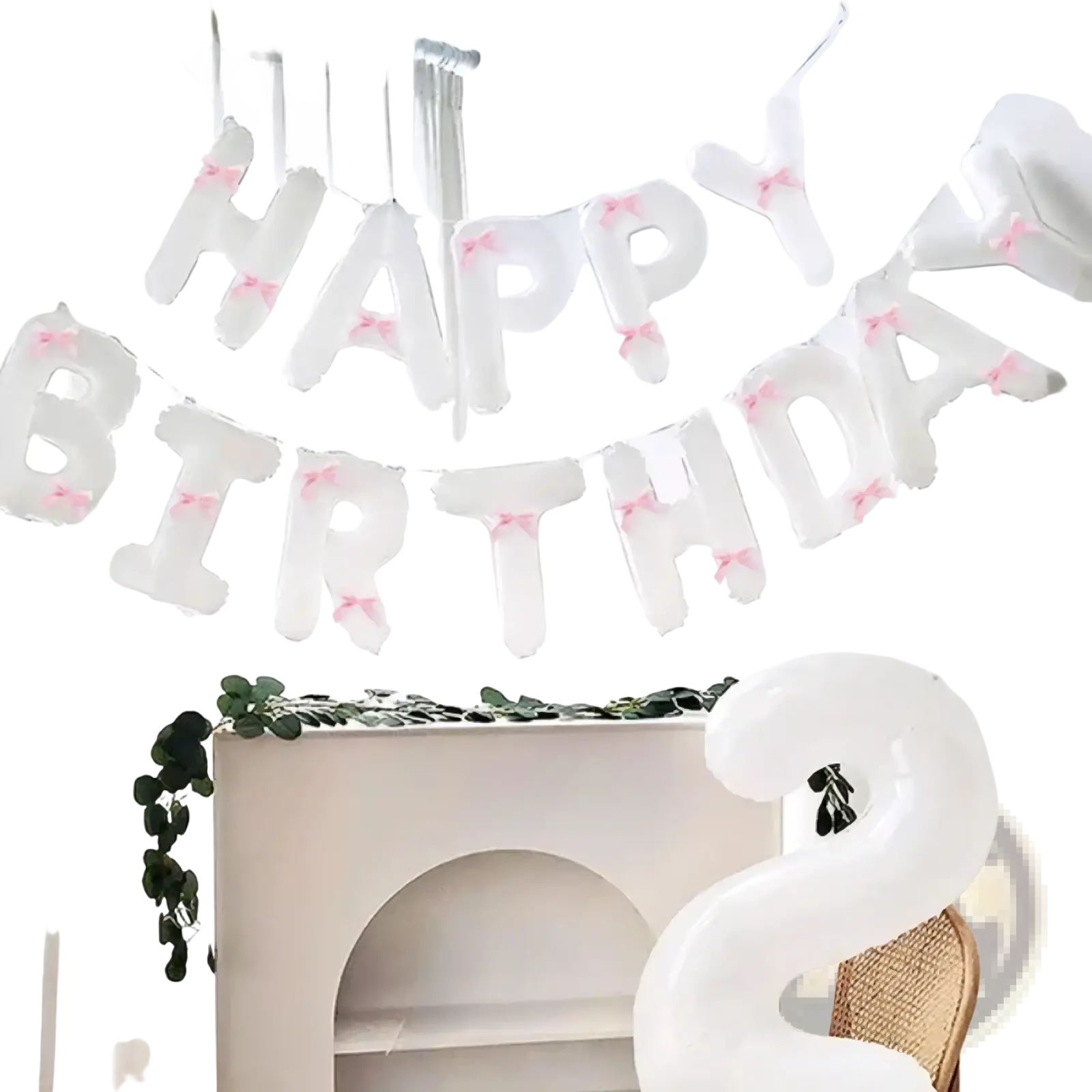 White inflatable happy birthday balloon banner with pink bow accents for party decoration