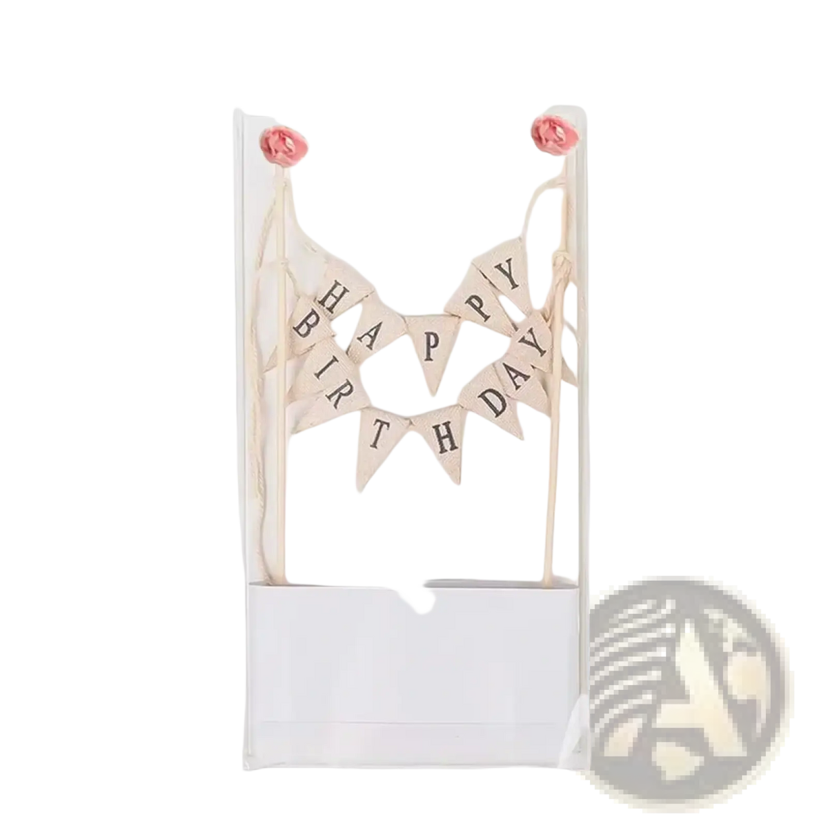 Beige triangular happy birthday cake bunting topper with dark lettering and pink fabric roses at the ends