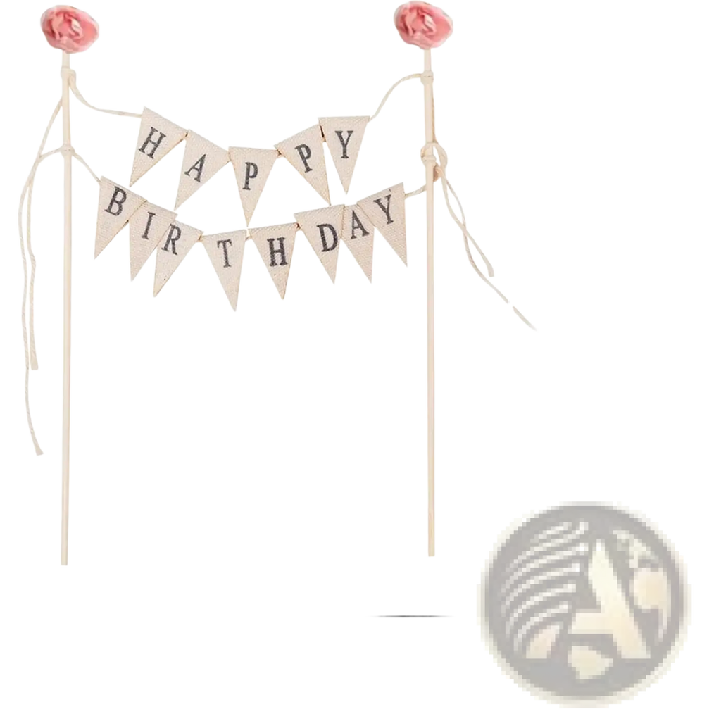 A delicate beige burlap happy birthday cake bunting topper with dark lettering and pink fabric roses at each end