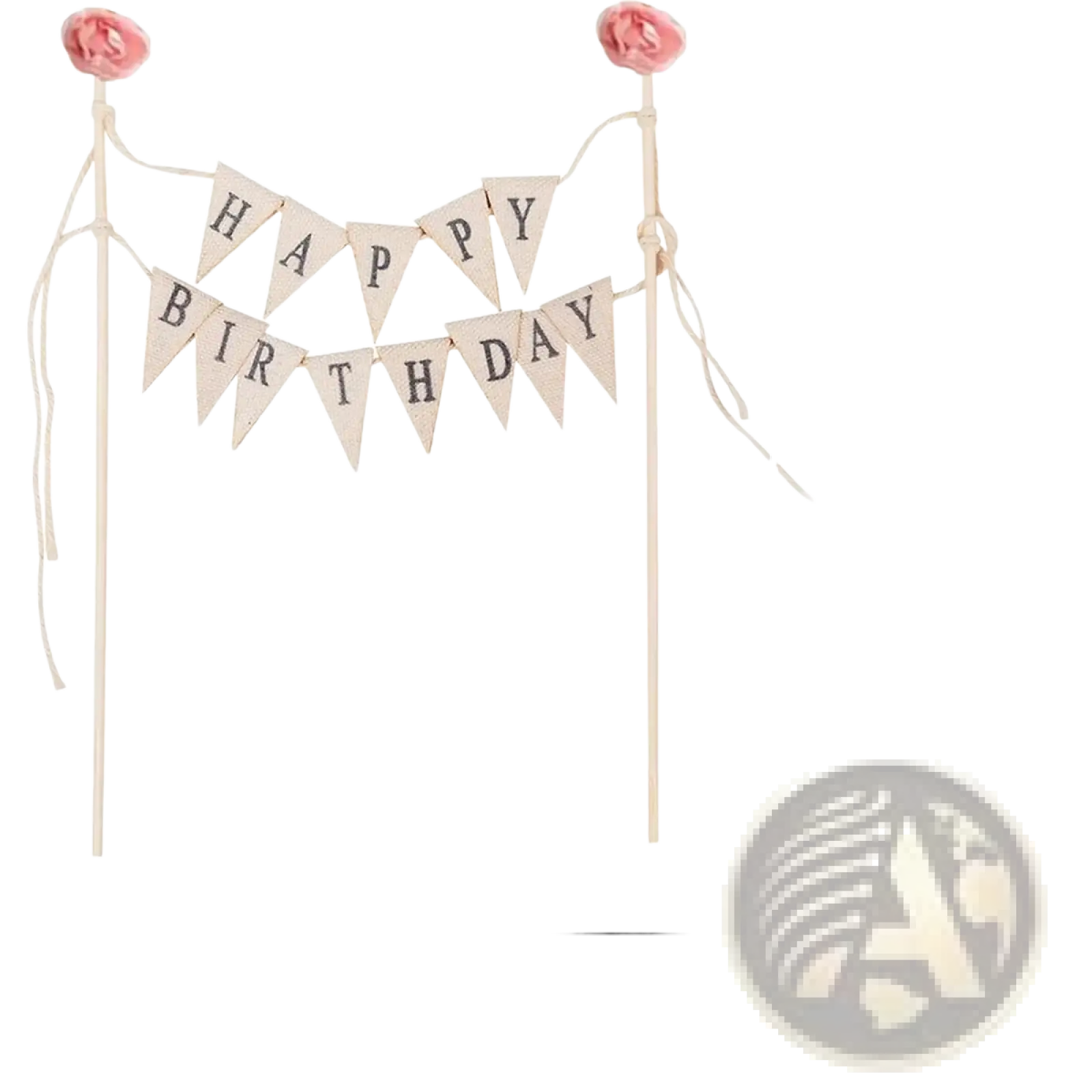 A delicate beige burlap happy birthday cake bunting topper with dark lettering and pink fabric roses at each end