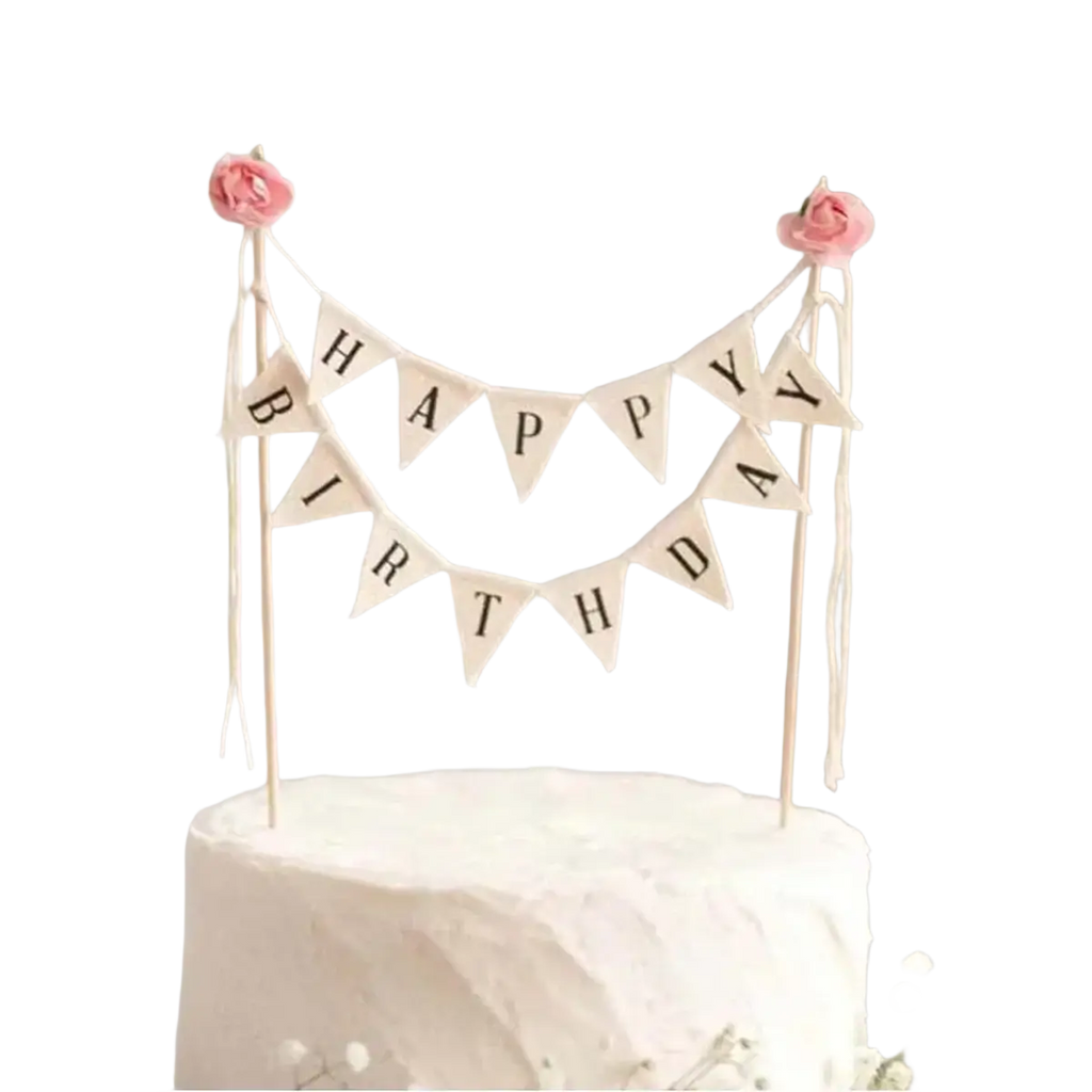 Happy birthday cake bunting topper in cream with black lettering and pink fabric roses for cake decoration
