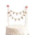Happy birthday cake bunting topper in cream with black lettering and pink fabric roses for cake decoration