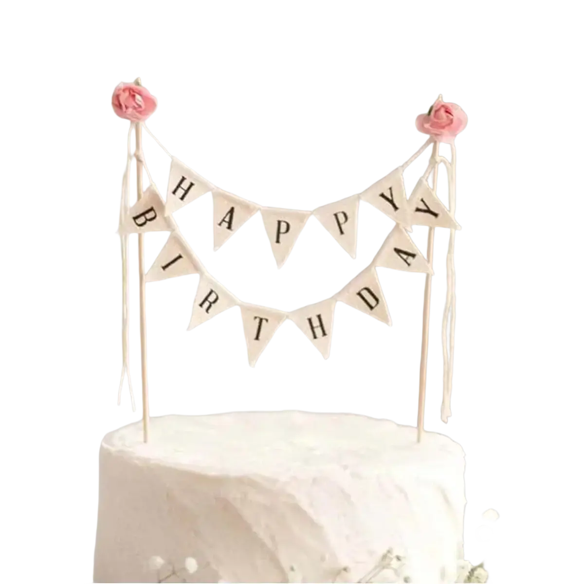 Happy birthday cake bunting topper in cream with black lettering and pink fabric roses for cake decoration