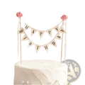 Happy birthday cake bunting topper in cream with black lettering and pink fabric roses for cake decoration